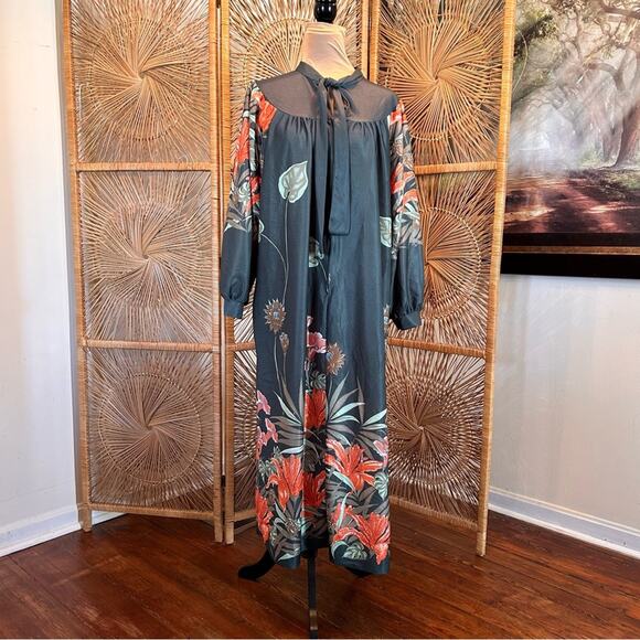 RARE Retro Exclusive of Ornamentation Tiger Lily Green Maxi House Dress Large - Picture 3 of 7